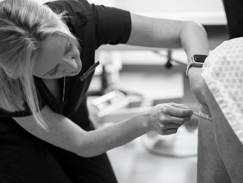 A nurse helping a patient with compression sock fitting.